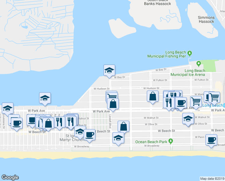 map of restaurants, bars, coffee shops, grocery stores, and more near 501 Lindell Boulevard in Long Beach