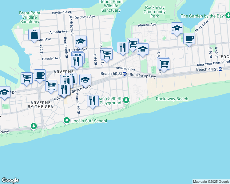 map of restaurants, bars, coffee shops, grocery stores, and more near 138 Beach 62nd Street in Queens