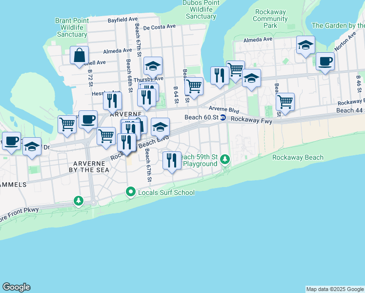 map of restaurants, bars, coffee shops, grocery stores, and more near 6316 Ocean Avenue North in Queens