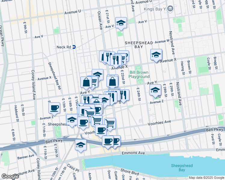 map of restaurants, bars, coffee shops, grocery stores, and more near 2920 Ocean Avenue in Brooklyn