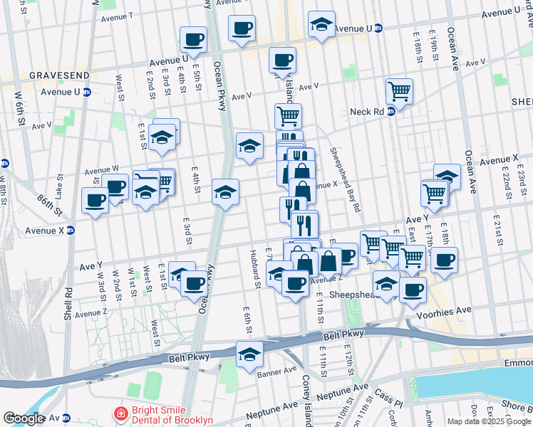 map of restaurants, bars, coffee shops, grocery stores, and more near 717 Dunne Court in Brooklyn
