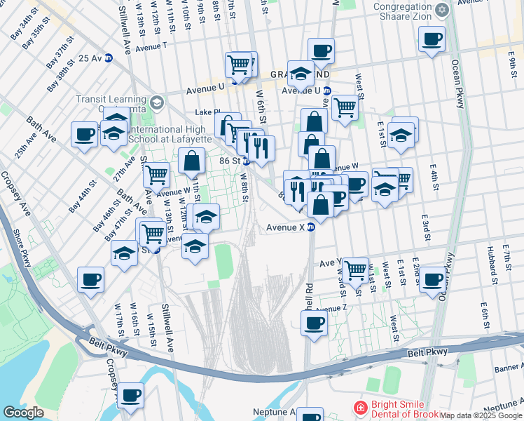 map of restaurants, bars, coffee shops, grocery stores, and more near 2362 West 7th Street in Brooklyn