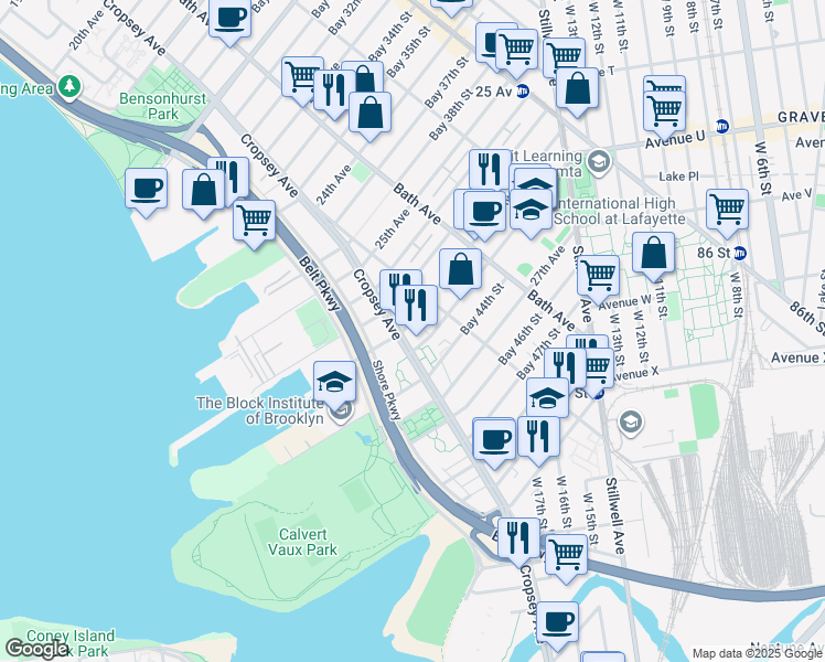 map of restaurants, bars, coffee shops, grocery stores, and more near 259 Bay 43rd Street in Brooklyn