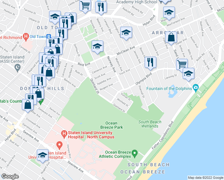 map of restaurants, bars, coffee shops, grocery stores, and more near 32 Winfield Street in Staten Island