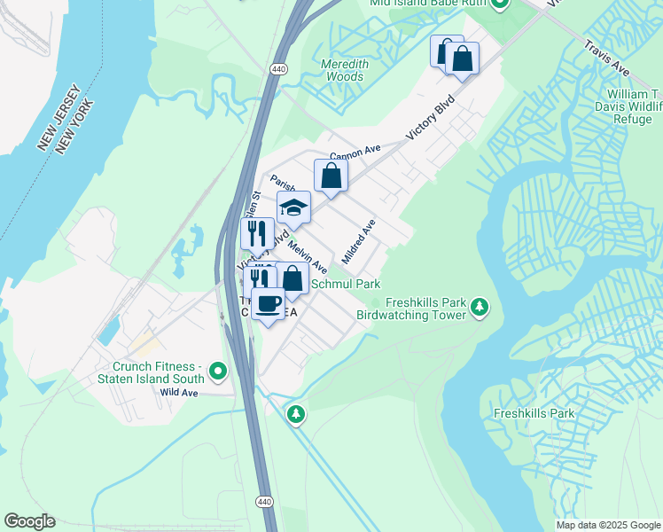map of restaurants, bars, coffee shops, grocery stores, and more near 174 Wild Avenue in Staten Island
