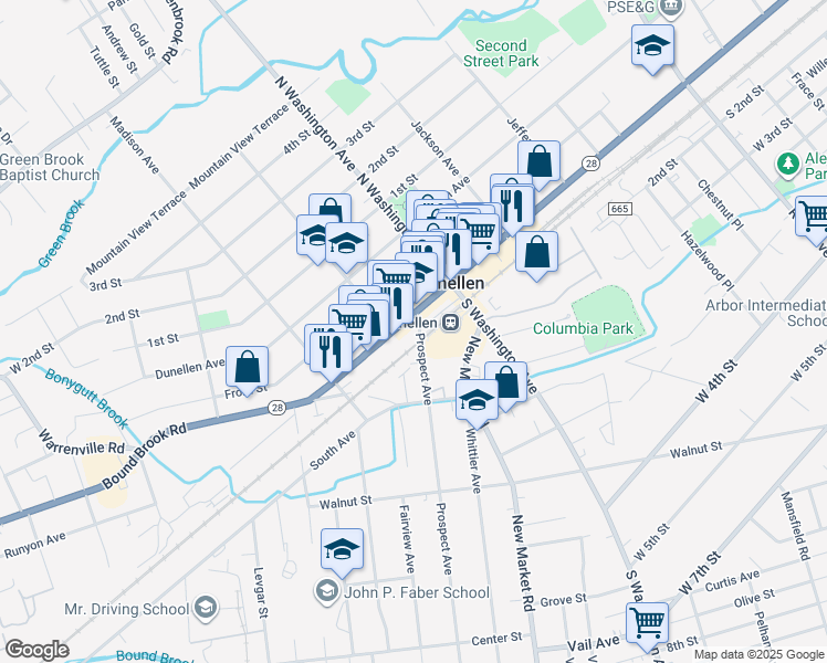 map of restaurants, bars, coffee shops, grocery stores, and more near 106 Prospect Avenue in Dunellen