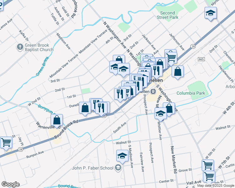 map of restaurants, bars, coffee shops, grocery stores, and more near 443 Front Street in Dunellen