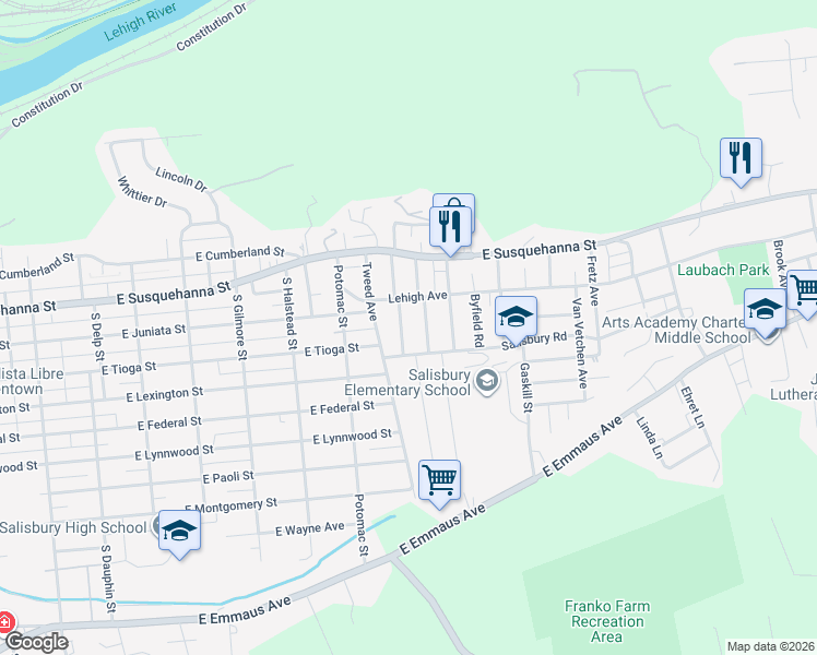 map of restaurants, bars, coffee shops, grocery stores, and more near 1335 Maumee Avenue in Allentown