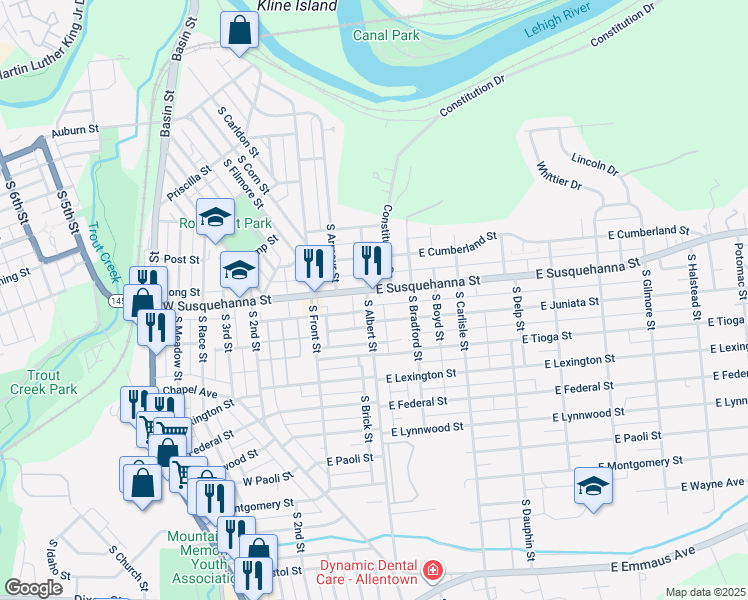 map of restaurants, bars, coffee shops, grocery stores, and more near 117 East Juniata Street in Allentown