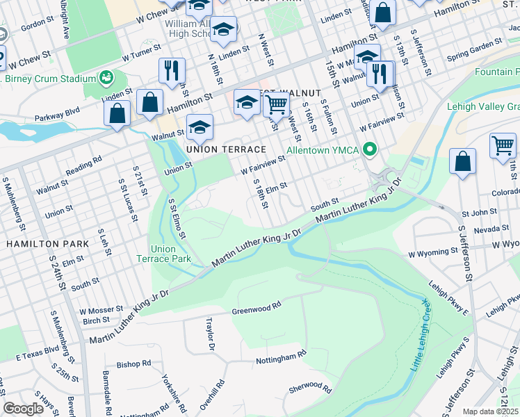 map of restaurants, bars, coffee shops, grocery stores, and more near 438 South 18th Street in Allentown