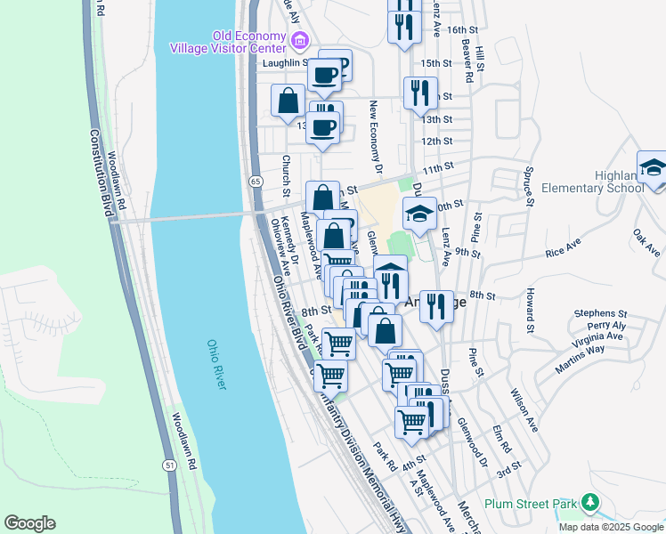 map of restaurants, bars, coffee shops, grocery stores, and more near 836 Maplewood Avenue in Ambridge