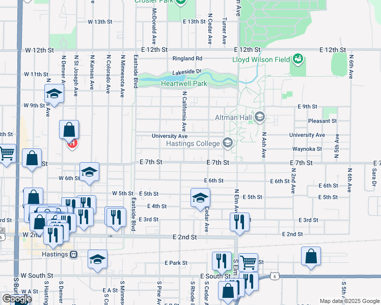 map of restaurants, bars, coffee shops, grocery stores, and more near 319 East 7th Street in Hastings