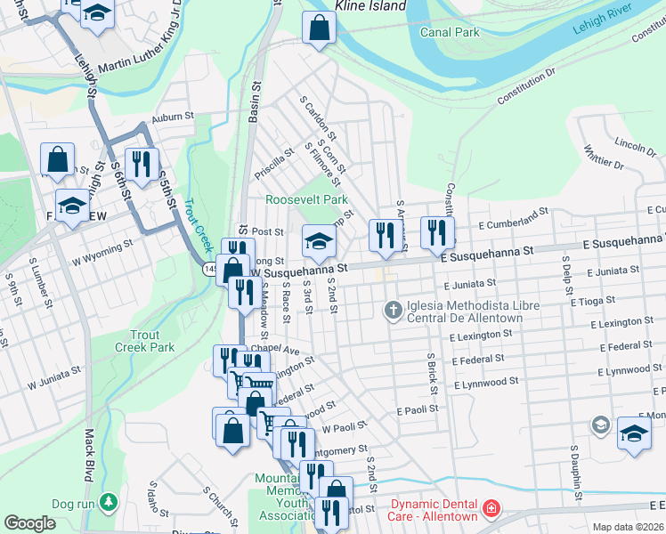 map of restaurants, bars, coffee shops, grocery stores, and more near 1248 S 2nd St in Allentown