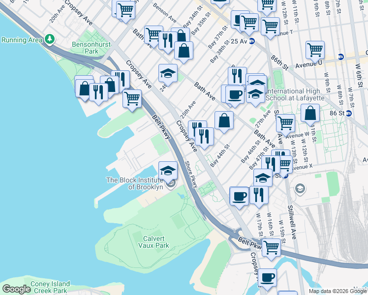 map of restaurants, bars, coffee shops, grocery stores, and more near 1881 Shore Parkway in Brooklyn