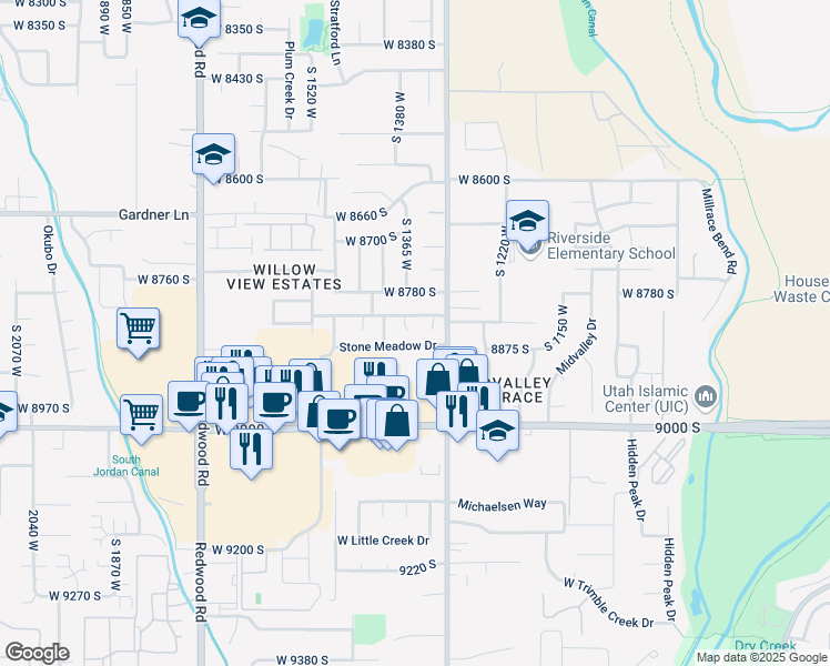 map of restaurants, bars, coffee shops, grocery stores, and more near 1332 Stone Meadow Drive in West Jordan