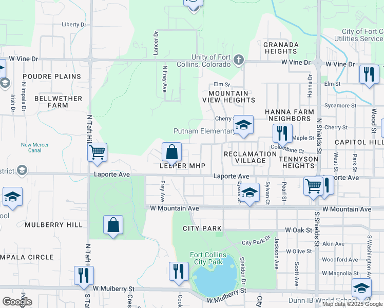 map of restaurants, bars, coffee shops, grocery stores, and more near 1698 Collins Court in Fort Collins