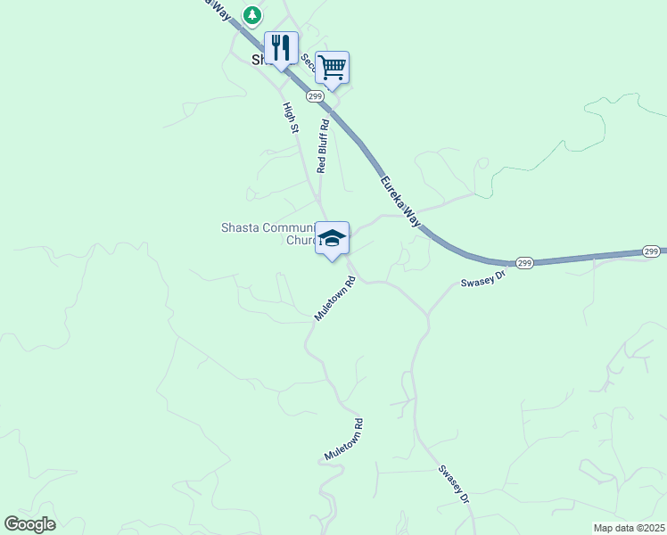 map of restaurants, bars, coffee shops, grocery stores, and more near 10446 Red Bluff Road in Shasta