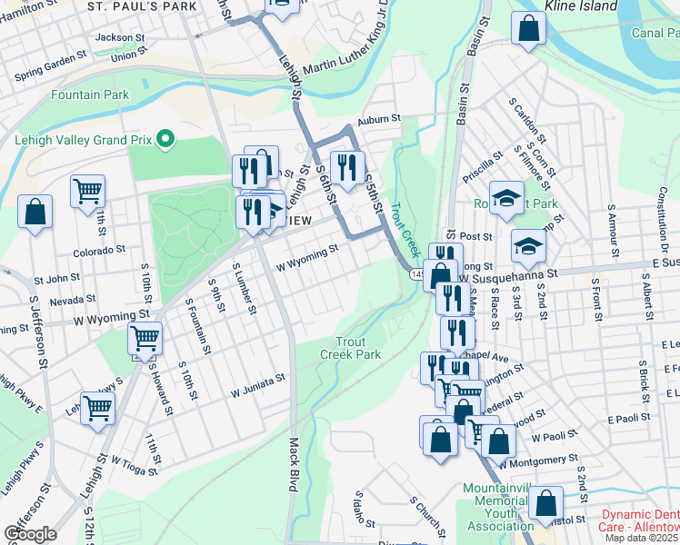 map of restaurants, bars, coffee shops, grocery stores, and more near 1111 South 7th Street in Allentown