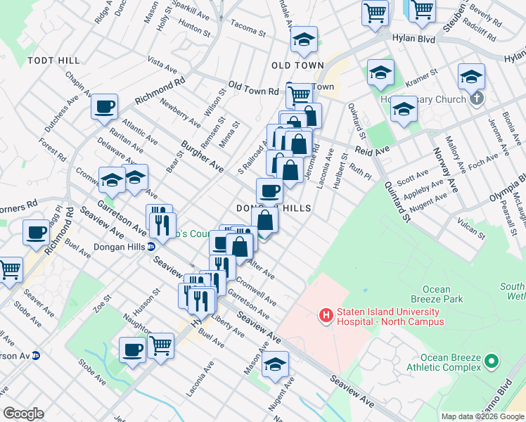 map of restaurants, bars, coffee shops, grocery stores, and more near 1591 Hylan Boulevard in Staten Island