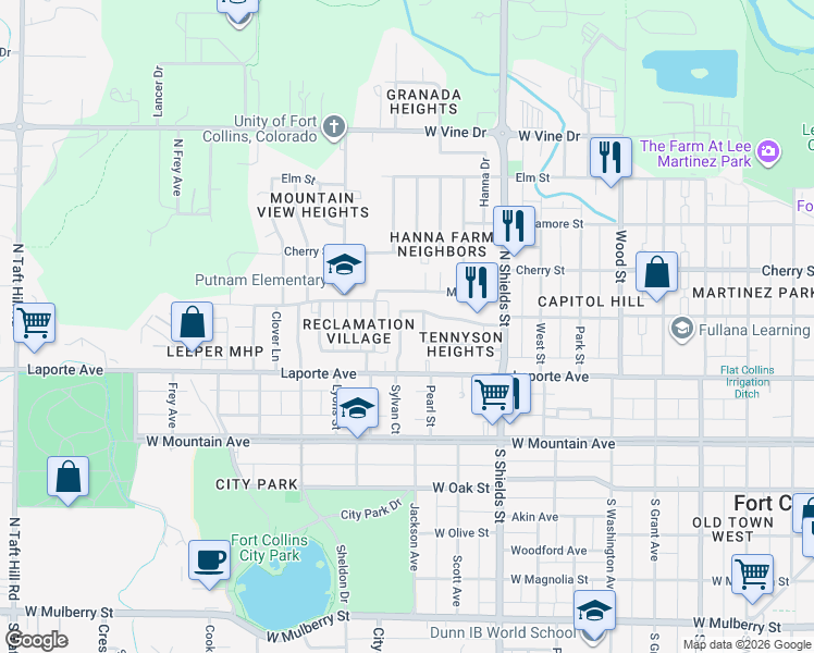 map of restaurants, bars, coffee shops, grocery stores, and more near 1231 Juniper Court in Fort Collins
