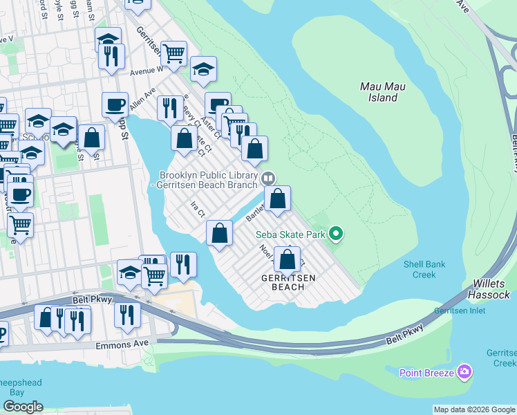 map of restaurants, bars, coffee shops, grocery stores, and more near 113 Dare Court in Brooklyn