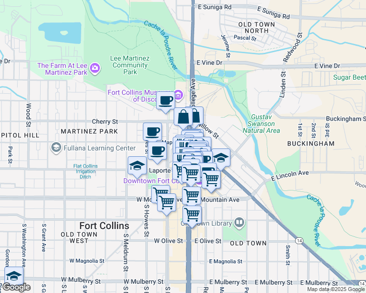 map of restaurants, bars, coffee shops, grocery stores, and more near 281 North College Avenue in Fort Collins