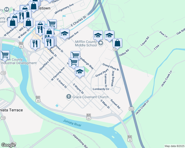 map of restaurants, bars, coffee shops, grocery stores, and more near 21 Grand Parkway North in Lewistown