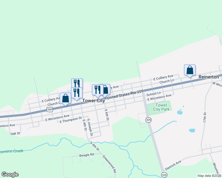 map of restaurants, bars, coffee shops, grocery stores, and more near 701 East Grand Avenue in Tower City
