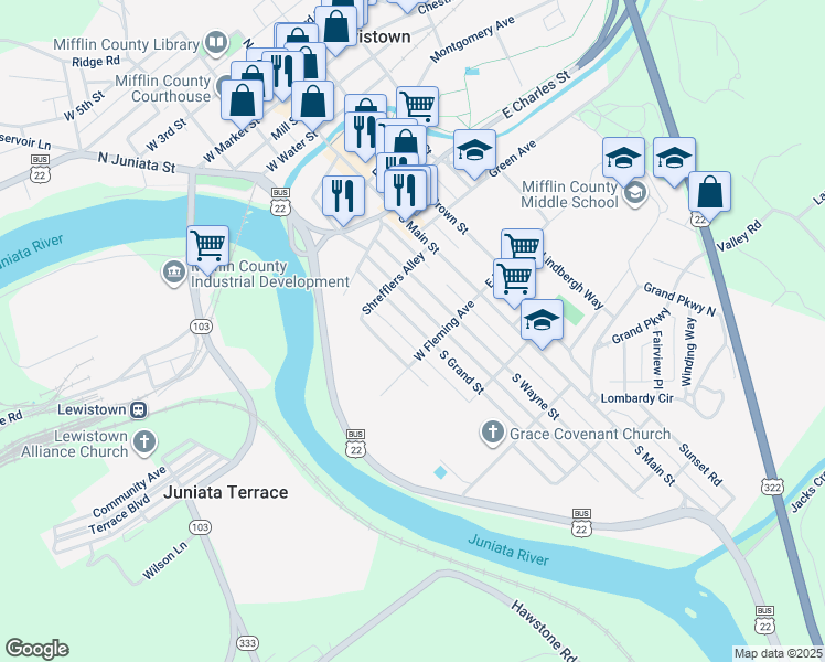map of restaurants, bars, coffee shops, grocery stores, and more near 444 South Grand Street in Lewistown