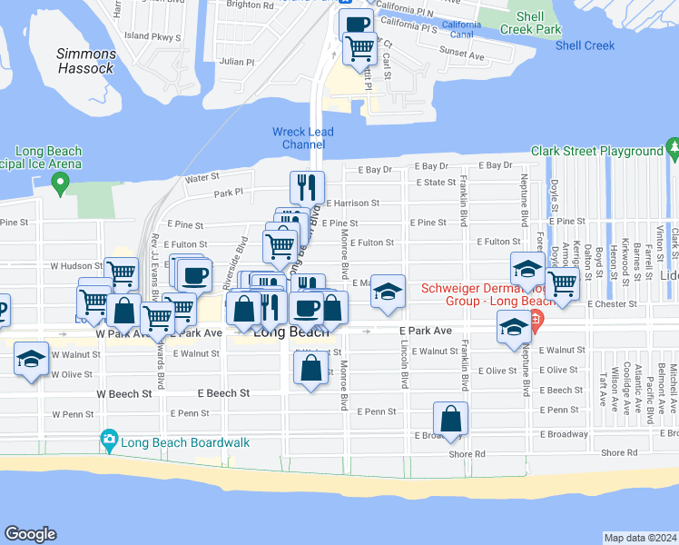 map of restaurants, bars, coffee shops, grocery stores, and more near 509 Monroe Boulevard in Long Beach