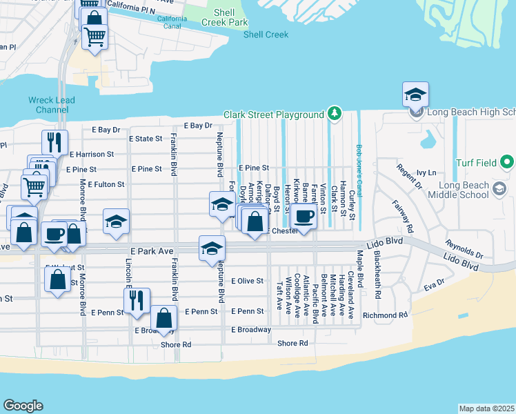map of restaurants, bars, coffee shops, grocery stores, and more near 11 Dalton Street in Long Beach