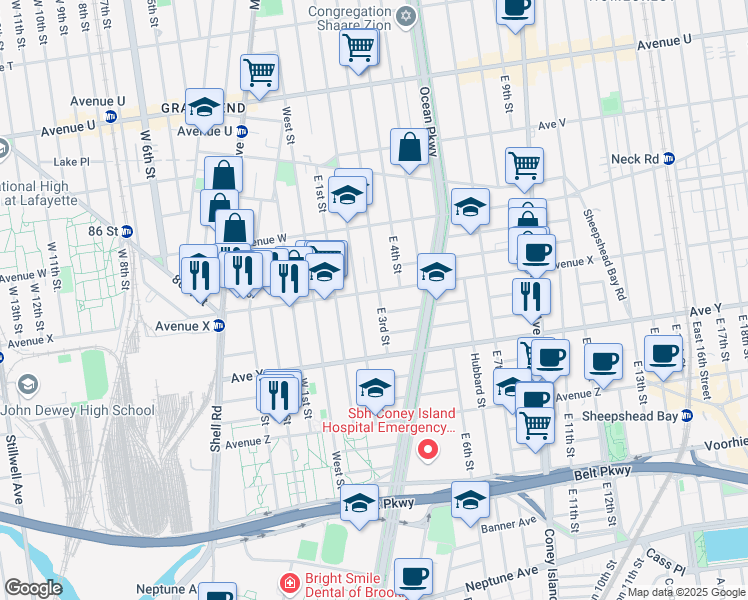 map of restaurants, bars, coffee shops, grocery stores, and more near 410 Avenue X in Brooklyn