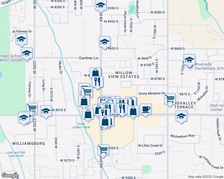 map of restaurants, bars, coffee shops, grocery stores, and more near 8879 South Redwood Road in West Jordan