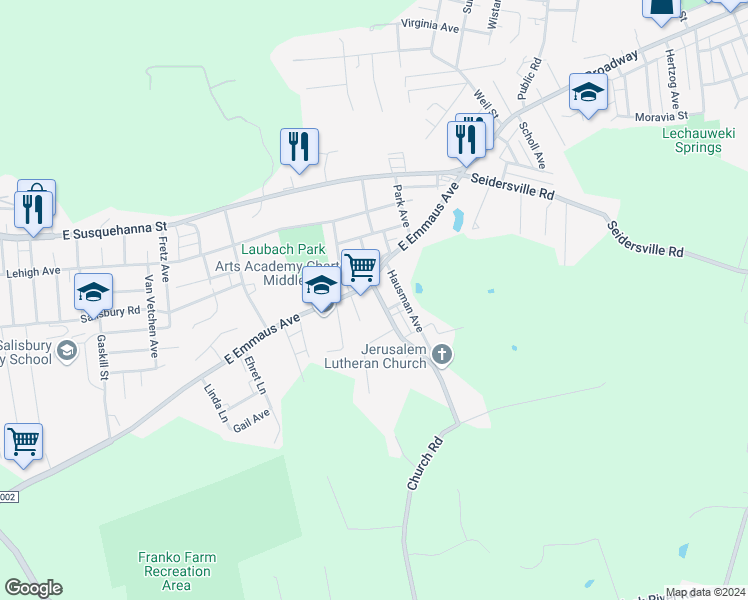 map of restaurants, bars, coffee shops, grocery stores, and more near 1510 Church Road in Allentown