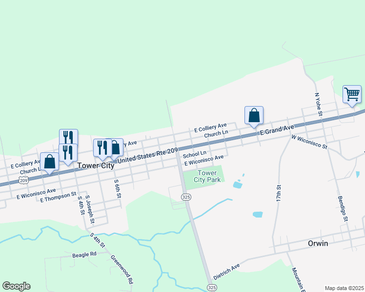 map of restaurants, bars, coffee shops, grocery stores, and more near 1015 East Grand Avenue in Tower City