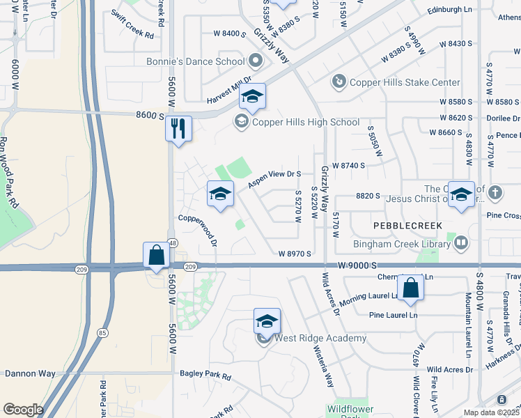 map of restaurants, bars, coffee shops, grocery stores, and more near 8854 Rocky Creek Drive in West Jordan