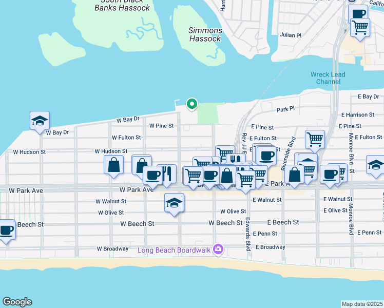 map of restaurants, bars, coffee shops, grocery stores, and more near 132 West Market Street in Long Beach