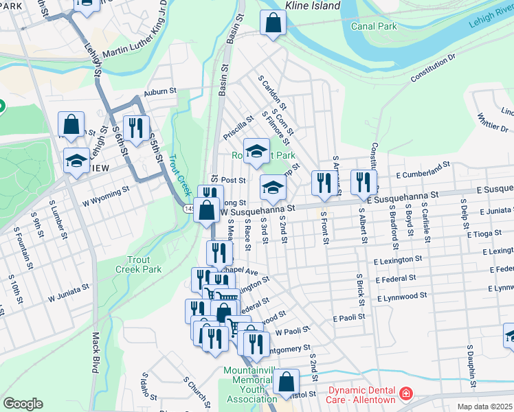 map of restaurants, bars, coffee shops, grocery stores, and more near 312 West Susquehanna Street in Allentown