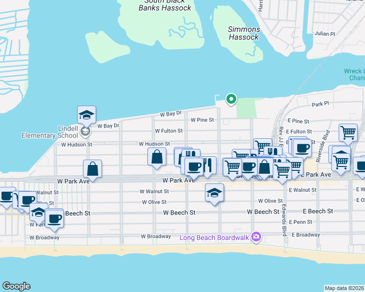 map of restaurants, bars, coffee shops, grocery stores, and more near 468 Laurelton Boulevard in Long Beach