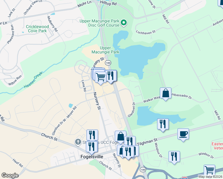 map of restaurants, bars, coffee shops, grocery stores, and more near 7721 Glenlivet Drive West in Fogelsville