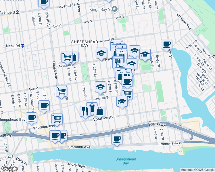 map of restaurants, bars, coffee shops, grocery stores, and more near 2534 East 28th Street in Brooklyn