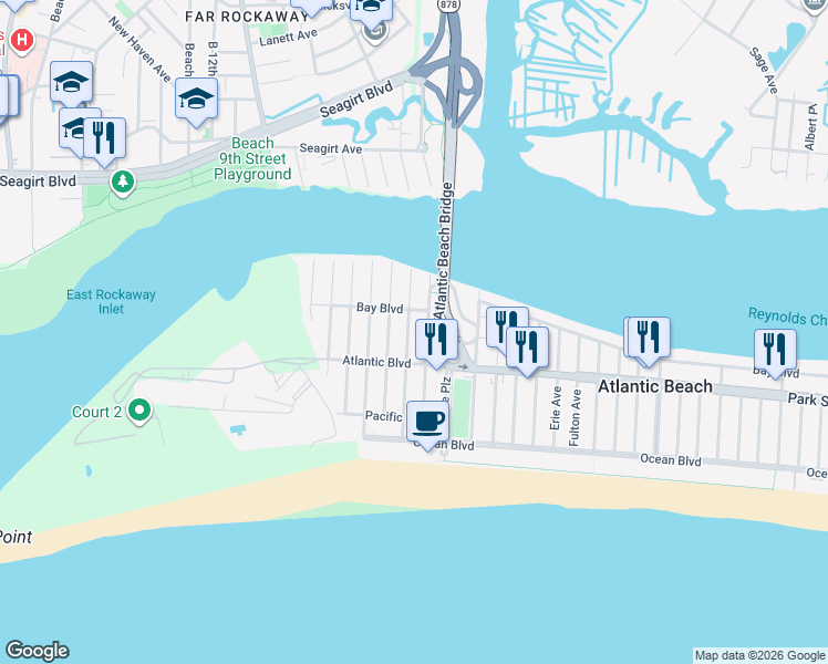 map of restaurants, bars, coffee shops, grocery stores, and more near 134 Bermuda Street in Atlantic Beach