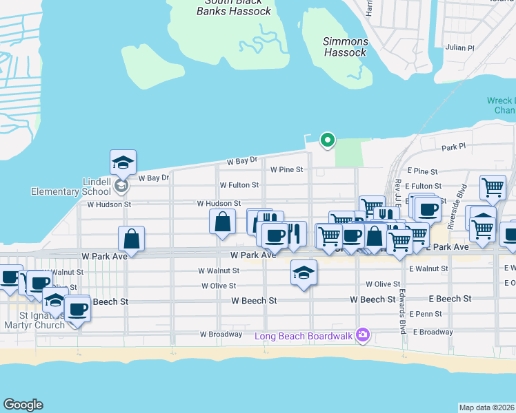 map of restaurants, bars, coffee shops, grocery stores, and more near 468 Laurelton Boulevard in Long Beach
