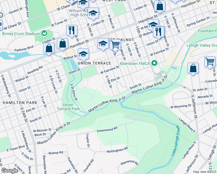 map of restaurants, bars, coffee shops, grocery stores, and more near 418 South 18th Street in Allentown