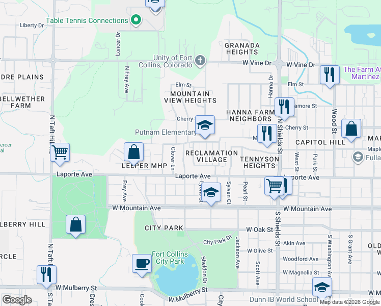 map of restaurants, bars, coffee shops, grocery stores, and more near 212 North Roosevelt Avenue in Fort Collins