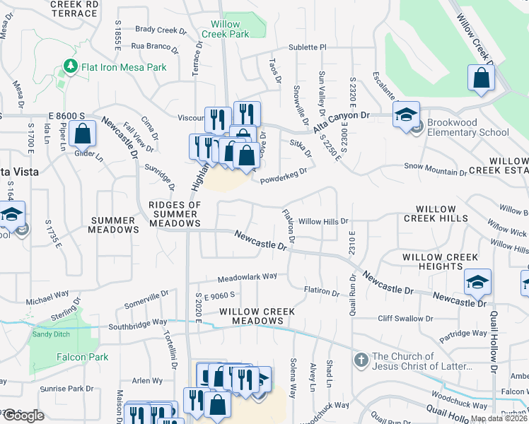 map of restaurants, bars, coffee shops, grocery stores, and more near 2144 Silverstone Circle in Sandy