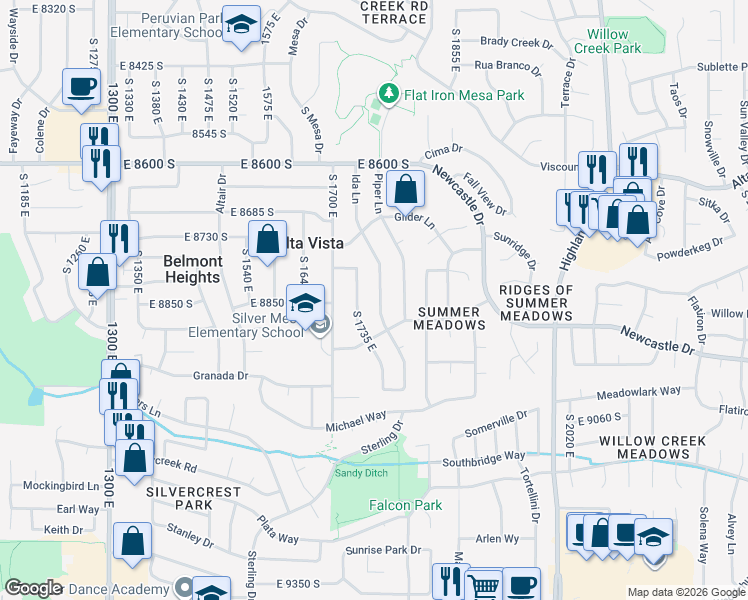 map of restaurants, bars, coffee shops, grocery stores, and more near 8875 Ida Lane in Sandy