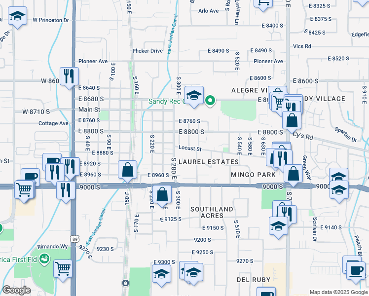 map of restaurants, bars, coffee shops, grocery stores, and more near 8888 South 400 East in Sandy