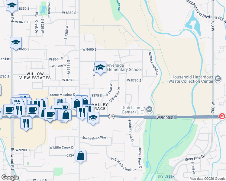 map of restaurants, bars, coffee shops, grocery stores, and more near 8885 South 1120 West in West Jordan