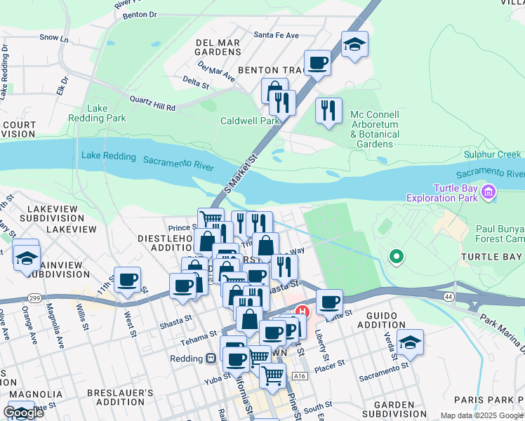 map of restaurants, bars, coffee shops, grocery stores, and more near 1071 Gilbert Street in Redding